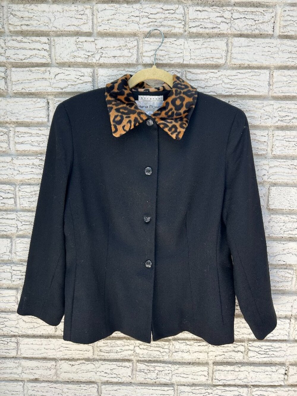 Rena Rowan Size M Black Wool Jacket with Leopard Print Collar